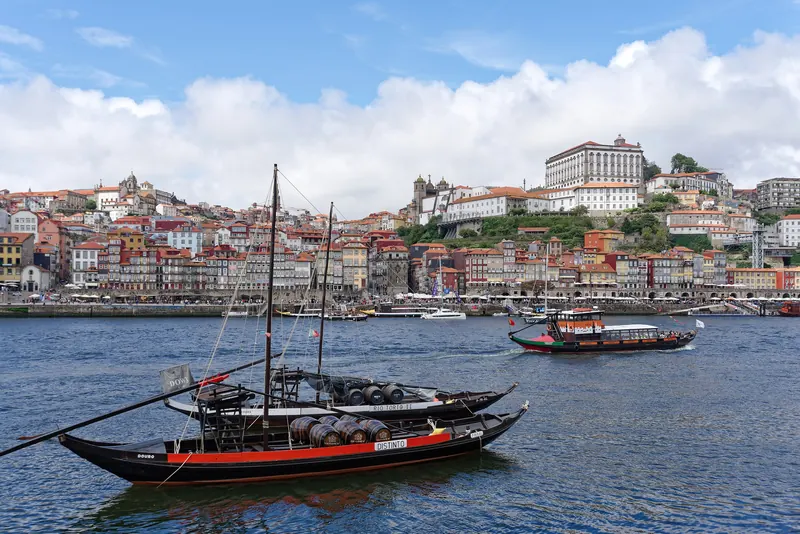 Rabelo boats on the Douro in front of Ribeira, Porto