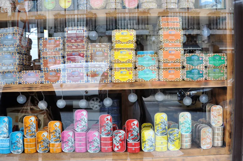 Shelves of colourful tinned fish in a Portuguese shop